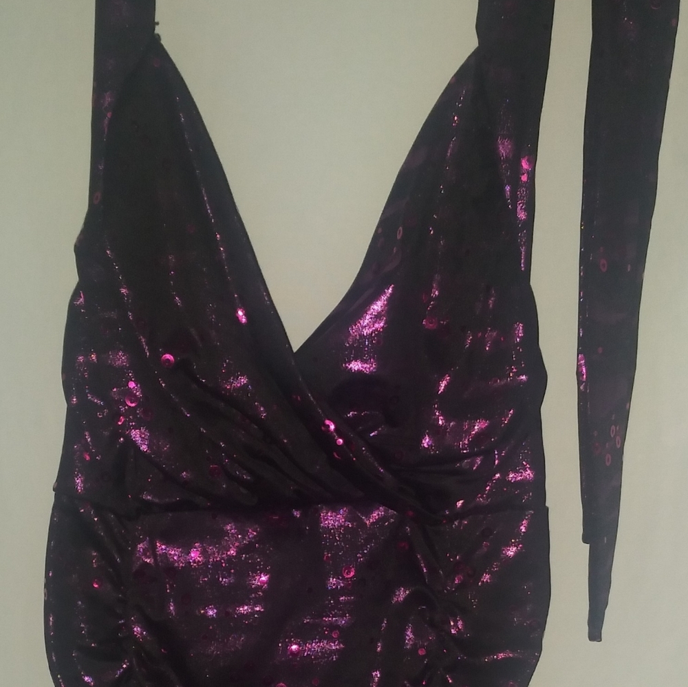 Purple Fabric Hot Pink Sequined Glittery Stretchy Style Halter Top